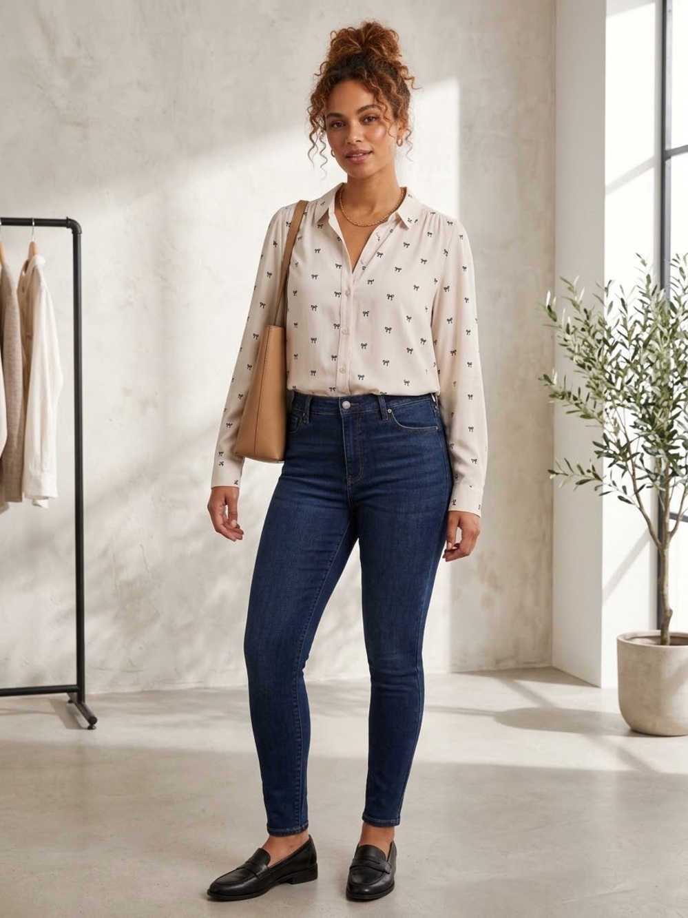 LC Lauren Conrad White Button-Front Blouse with Tiny Black Motif